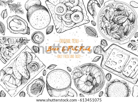 Pub food frame vector illustration. Beer, mussels, meat, fast food and snacks hand drawn. Food set for pub design top view. Vintage engraved illustration for beer restaurant.