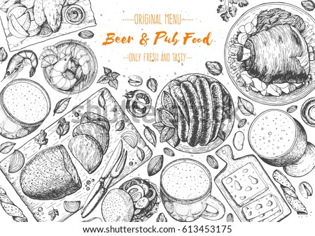 Pub food frame vector illustration. Beer, roast beef, meat, fast food and snacks hand drawn. Food set for pub design top view. Vintage engraved illustration for beer restaurant.