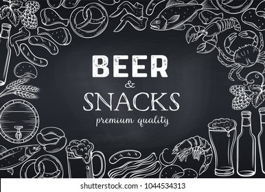 Pub food hand drawn template frame and page design . Vector beer and snacks poster with crab, lobster, shrimp, fish, chicken wings and legs, pretzel and nachos.Chalkboard style.