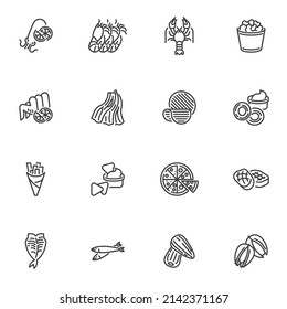 Pub food line icons set, beer snacks outline vector symbol collection, linear style pictogram pack. Signs, logo illustration. Set includes icons as seafood, fish, bbq chicken, shrimp, pistachio, pizza