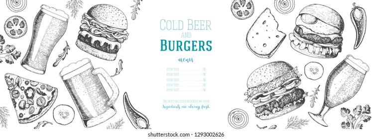 Pub food menu. Beer and burgers vector illustration. Fast food, junk food frame. Elements for burgers restaurant menu design. Engraved image, retro style. 