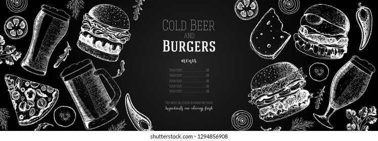 Pub food menu. Beer and burgers vector illustration. Fast food, junk food frame. Elements for burgers restaurant menu design. Engraved image, retro style