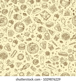 Pub food vector pattern. Beer and snacks seamless background