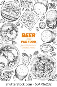 Pub food vertical frame, vector illustration. Beer, meat, mussels, fast food and snacks hand drawn. Food set for pub design top view. Vintage engraved illustration for beer restaurant.