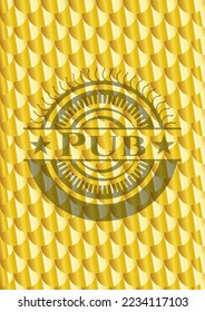 Pub goldenes Emblem. Skaliert Muster. Vektorgrafik. Detaillierte Angaben. 