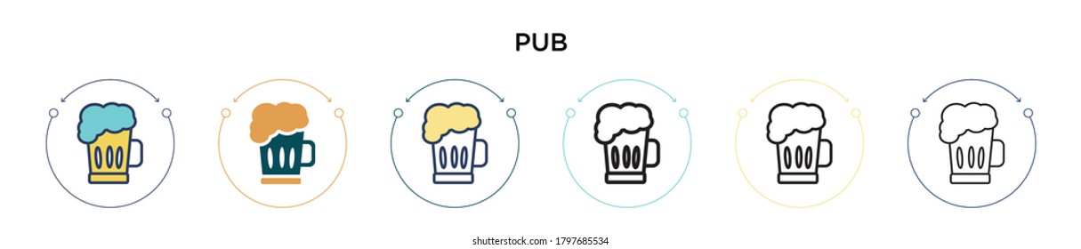 Pub icon in filled, thin line, outline and stroke style. Vector illustration of two colored and black pub vector icons designs can be used for mobile, ui, web