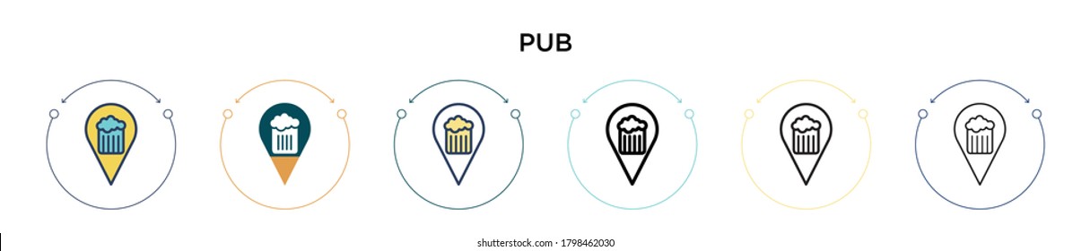 Pub icon in filled, thin line, outline and stroke style. Vector illustration of two colored and black pub vector icons designs can be used for mobile, ui, web