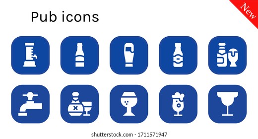 Pub-Icon-Set. 10 gefüllte Pub-Symbole. Einschließlich Bier, Bier-Wasserhahn, Rum, Brandy, Cocktailsymbole