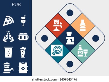 pub icon set. 13 filled pub icons.  Collection Of - Beer, Beer tap, Drink, Beers, Pizza, Cocktail