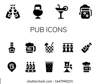 Pub-Icon-Set. 14 gefüllte Pub-Symbole.  Einfache, moderne Symbole wie: Bier, Cocktail, Bar, Whiskey, Bier, Trink, Bierhahn, getrockneter Fisch