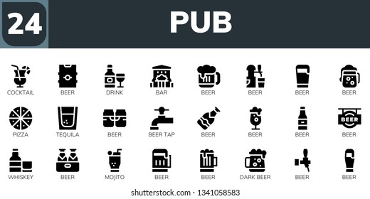 pub icon set. 24 filled pub icons.  Simple modern icons about  - Cocktail, Beer, Drink, Bar, Pizza, Tequila, Beer tap, Whiskey, Mojito, Dark beer