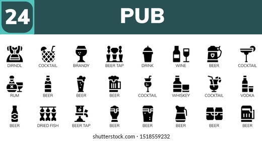 pub icon set. 24 filled pub icons.  Collection Of - Dirndl, Cocktail, Brandy, Beer tap, Drink, Wine, Beer, Rum, Whiskey, Vodka, Dried fish icons
