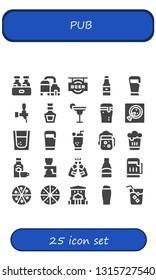 pub icon set. 25 filled pub icons.  Simple modern icons about  - Beer, Whiskey, Cocktail, Pizza, Tequila, Mojito, Rum, Bar, Drink