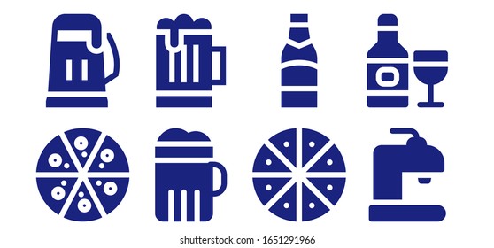pub icon set. 8 filled pub icons. Included Pizza, Beer, Drink icons