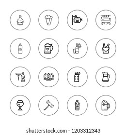 Pub icon set. collection of 16 outline pub icons with bar, brandy, beer, bottle, bottles, corkscrew, oktoberfest, rum, signboard icons.