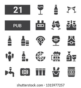 pub icon set. Collection of 21 filled pub icons included Beer can, Beer, Beer tap, Wine, Pizza, Tequila, Whiskey, Beers, Cheers