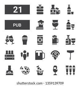 pub icon set. Collection of 21 filled pub icons included Beer tap, Beer, Pizza, Brewery, Corkscrew, Wine, Cheers, Tequila, Beers, Beer keg