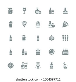 pub icon set. Collection of 25 filled pub icons included Beer, Whiskey, Corkscrew, Wine, Beers, Bottle cap, Beer keg, Beer tap, Hop, Pizza, can, Brewery