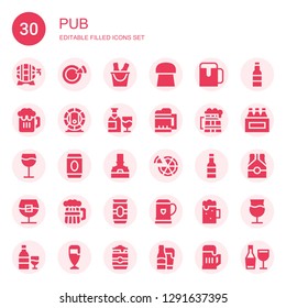 pub icon set. Collection of 30 filled pub icons included Beer, Pizza, Cork, Wine, Brewery, Whiskey, Beers, Beer can