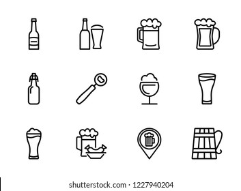 Pub icon. Set of line icon on white background. Beer bottle, craft bar, beer mug. Beer concept. Vector illustration can be used for topics like alcoholic drinks, leisure, bar