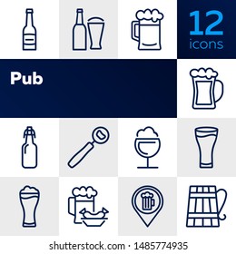 Pub icon. Set of line icon on white background. Beer bottle, craft bar, beer mug. Beer concept. Vector illustration can be used for topics like alcoholic drinks, leisure, bar