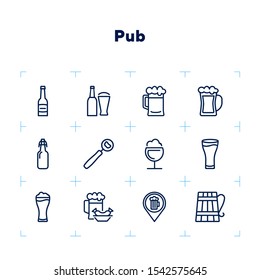 Pub icon. Set of line icon on white background. Beer bottle, craft bar, beer mug. Beer concept. Vector illustration can be used for topics like alcoholic drinks, leisure, bar