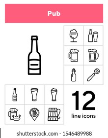 Pub icon. Set of line icon on white background. Beer bottle, craft bar, beer mug. Beer concept. Vector illustration can be used for topics like alcoholic drinks, leisure, bar