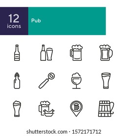 Pub icon. Set of line icon on white background. Beer bottle, craft bar, beer mug. Beer concept. Vector illustration can be used for topics like alcoholic drinks, leisure, bar