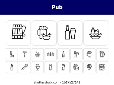 Pub icon. Set of line icon on white background. Beer bottle, craft bar, beer mug. Beer concept. Vector illustration can be used for topics like alcoholic drinks, leisure, bar