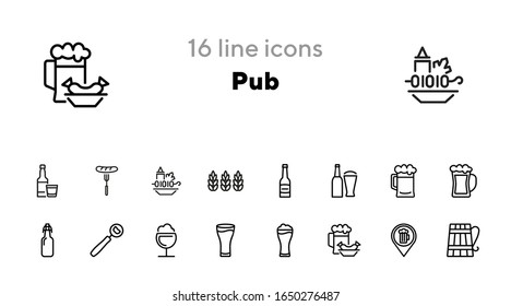 Pub icon. Set of line icon on white background. Beer bottle, craft bar, beer mug. Beer concept. Vector illustration can be used for topics like alcoholic drinks, leisure, bar