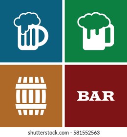 pub icons set. Set of 4 pub filled icons such as barrel, Bar