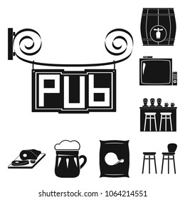 Pub, interior and equipment black icons in set collection for design. Alcohol and food vector symbol stock web illustration.