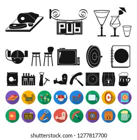 Pub, interior and equipment black,flat icons in set collection for design. Alcohol and food vector symbol stock web illustration.