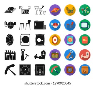 Pub, interior and equipment black,flat icons in set collection for design. Alcohol and food vector symbol stock web illustration.