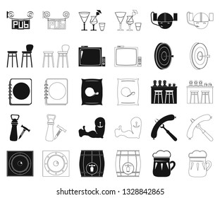 Pub, interior and equipment black,outline icons in set collection for design. Alcohol and food vector symbol stock web illustration.