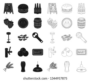 Pub, interior and equipment black,outline icons in set collection for design. Alcohol and food vector symbol stock web illustration.