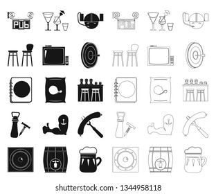 Pub, interior and equipment black,outline icons in set collection for design. Alcohol and food vector symbol stock web illustration.
