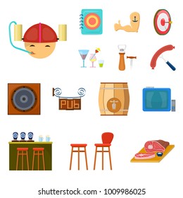 Pub, interior and equipment cartoon icons in set collection for design. Alcohol and food vector symbol stock web illustration.