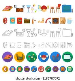 Pub, interior and equipment cartoon icons in set collection for design. Alcohol and food vector symbol stock web illustration.