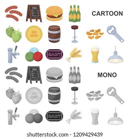 Pub, interior and equipment cartoon icons in set collection for design. Alcohol and food vector symbol stock web illustration.
