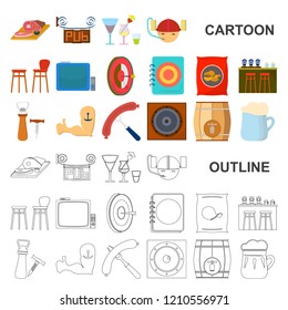 Pub, interior and equipment cartoon icons in set collection for design. Alcohol and food vector symbol stock web illustration.