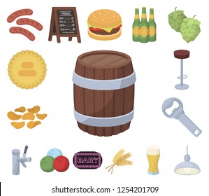 Pub, interior and equipment cartoon icons in set collection for design. Alcohol and food vector symbol stock web illustration.