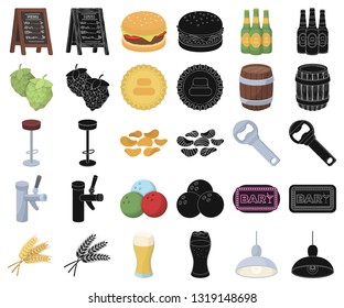 Pub, interior and equipment cartoon,black icons in set collection for design. Alcohol and food vector symbol stock web illustration.