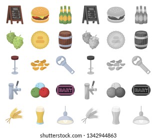 Pub, interior and equipment cartoon,mono icons in set collection for design. Alcohol and food vector symbol stock web illustration.