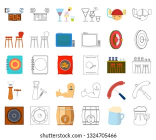 Pub, interior and equipment cartoon,outline icons in set collection for design. Alcohol and food vector symbol stock web illustration.