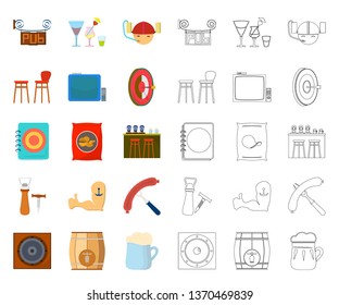 Pub, interior and equipment cartoon,outline icons in set collection for design. Alcohol and food vector symbol stock web illustration.