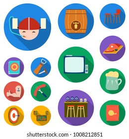 Pub, interior and equipment flat icons in set collection for design. Alcohol and food vector symbol stock web illustration.