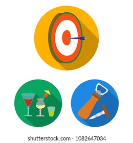 Pub, interior and equipment flat icons in set collection for design. Alcohol and food vector symbol stock web illustration.