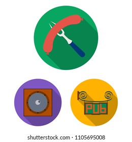 Pub, interior and equipment flat icons in set collection for design. Alcohol and food vector symbol stock web illustration.