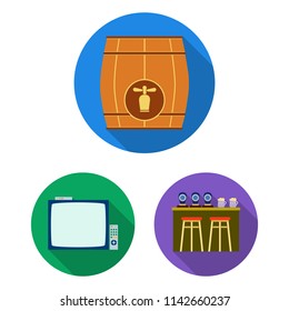Pub, interior and equipment flat icons in set collection for design. Alcohol and food vector symbol stock web illustration.